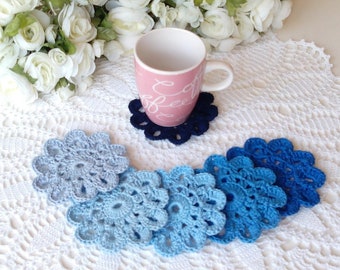6 Crochet Flower Coasters in Blue Tone Colors - 4 inch or 10 cm