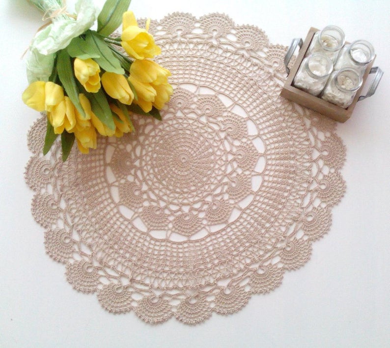 Model Urania 22 inch or 56 cm Center Piece Doily Table Decoration Beige Color Crochet Lace Doily