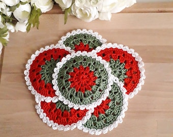 6pcs Crochet Coasters in Christmas Colors - 4 inch or 10 cm