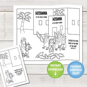 May include: Black and white printable coloring page of a scene from the Bible. Jesus is riding a donkey with people waving palm branches. The text reads "Hosanna to the Son of David!" and "Hosanna in the highest heaven!" and "Blessed is he who comes in the name of the Lord!"