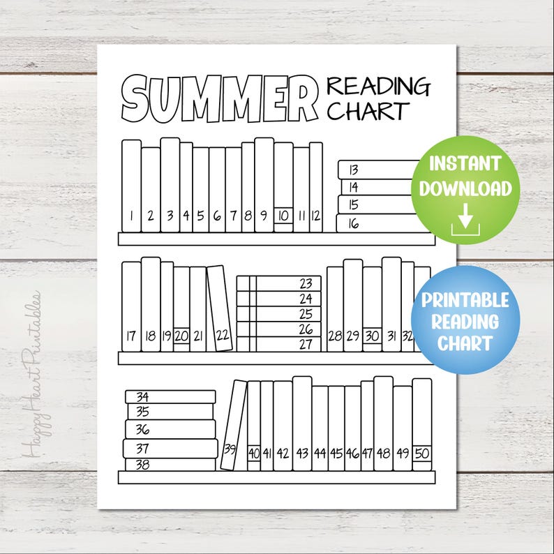 K&ouml;nnte beinhalten: Schwarz-wei&szlig; druckbares Sommerlese-Diagramm. Das Diagramm zeigt drei B&uuml;cherregale mit nummerierten Feldern zur Verfolgung des Lesefortschritts. Enth&auml;lt den Text "Summer Reading Chart" und "Instant Download".