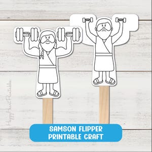 May include: Two black and white Samson flipper printable crafts. Each figure is holding dumbbells above their head. The figures have long beards and are wearing robes. The text "SAMSON FLIPPER PRINTABLE CRAFT" is on a blue banner.