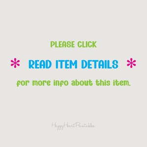 Puede incluir: Fondo beige claro con el texto "PLEASE CLICK" en verde. Debajo, el texto "READ ITEM DETAILS" est&aacute; en azul, flanqueado por estrellas rosas. El texto "for more info about this item" est&aacute; en verde. Las palabras "Happy Heart Printables" est&aacute;n en la parte inferior.
