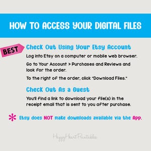 Może przedstawiać: Turkusowy baner z białym tekstem &bdquo;HOW TO ACCESS YOUR DIGITAL FILES&rdquo;. Instrukcje dotyczące pobierania plik&oacute;w po zakupie, w tym kroki dla posiadaczy kont Etsy i gości. Na obrazku widnieje r&oacute;wnież informacja, że Etsy NIE udostępnia plik&oacute;w do pobrania za pośrednictwem aplikacji.
