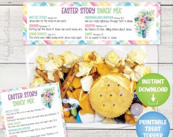 May include: A clear plastic bag filled with an Easter Story Snack Mix. The mix includes popcorn, pretzels, goldfish crackers, marshmallows, and candy. A printable treat topper and an instant download button are visible.