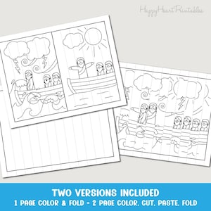 May include: Black and white line art illustrations depicting a religious scene with figures in a boat, stormy weather, and the sun. The text "TWO VERSIONS INCLUDED" and "1 PAGE COLOR & FOLD - 2 PAGE COLOR, CUT, PASTE, FOLD" is included.