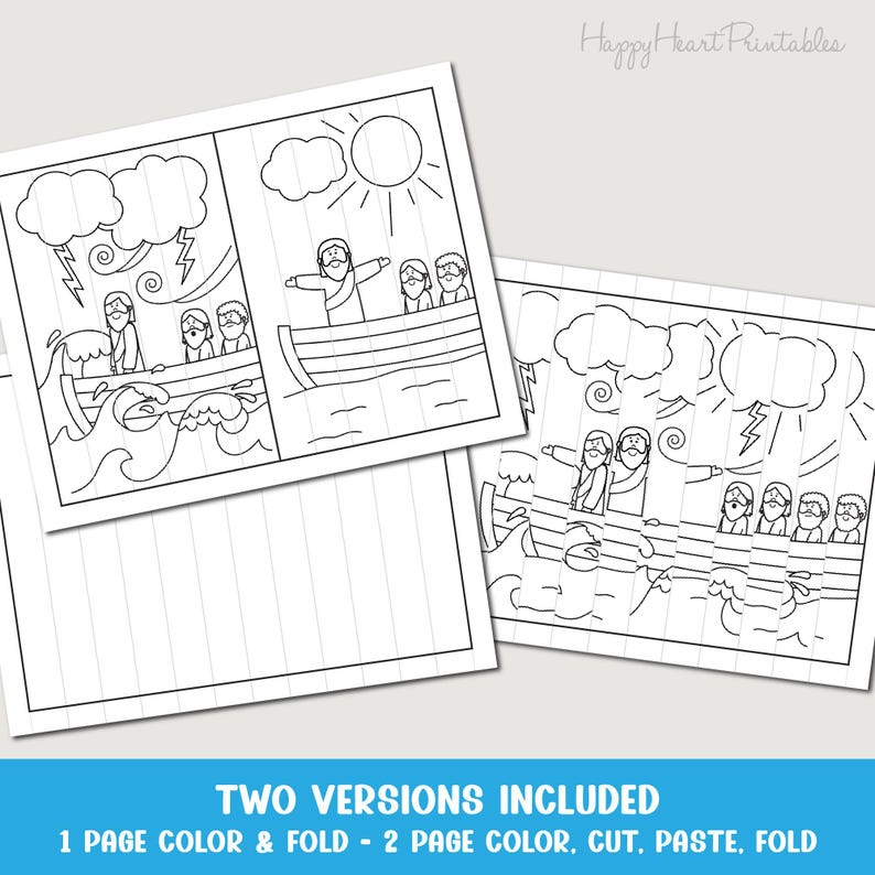 May include: Black and white line art illustrations depicting a religious scene with figures in a boat, stormy weather, and the sun. The text "TWO VERSIONS INCLUDED" and "1 PAGE COLOR & FOLD - 2 PAGE COLOR, CUT, PASTE, FOLD" is included.
