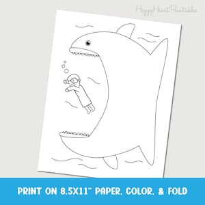 Puede incluir: Ilustraci&oacute;n en blanco y negro de un gran tibur&oacute;n con una persona nadando en el agua. El texto en la parte inferior dice "PRINT ON 8.5X11" PAPER, COLOR, & FOLD."