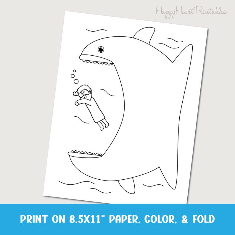 Puede incluir: Ilustraci&oacute;n en blanco y negro de un gran tibur&oacute;n con una persona nadando en el agua. El texto en la parte inferior dice "PRINT ON 8.5X11" PAPER, COLOR, & FOLD."