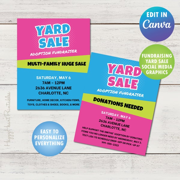 Fundraising Yard Sale Social Media Graphics and Printable Signs- Fully Customizable in Canva