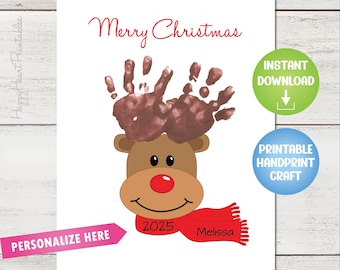 Handabdruck Rentier Kunst druckbare Vorlage - Handabdruck Weihnachten Handwerk - Handabdruck Rentiergeweih