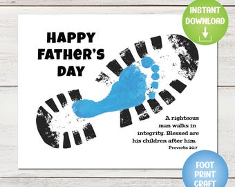 May include: A white card with the text "HAPPY FATHER'S DAY" in black. A blue footprint is inside a black boot print. The card also includes the text "A righteous man walks in integrity. Blessed are his children after him. Proverbs 20:7."