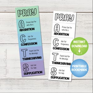 May include: A printable bookmark with a colorful design and the word "PRAY" in large letters. The bookmark is divided into five sections, each with a letter and a word: A - Adoration, C - Confession, T - Thanksgiving, S - Supplication. The bookmark also includes the words "Instant Download" and "Printable Bookmark".