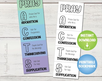 May include: Two printable bookmarks with the word "PRAY" at the top. The bookmarks are divided into sections: Adoration, Confession, Thanksgiving, and Supplication. One bookmark has a green circle with "Instant Download" and a blue circle with "Printable Bookmark".