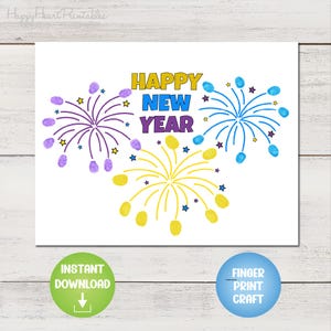 May include: A white card with the words "HAPPY NEW YEAR" in yellow and blue. The design includes three fireworks made of fingerprints in purple, yellow, and blue, with star accents. Two circular buttons read "INSTANT DOWNLOAD" and "FINGER PRINT CRAFT".