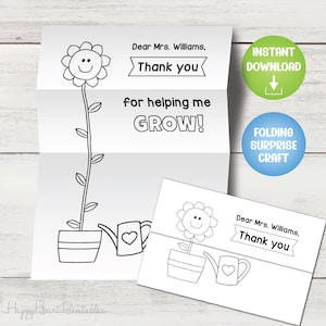 May include: A black and white printable folding card with a flower design, a watering can, and the text "Dear Mrs. Williams, Thank you for helping me GROW!" Includes "Instant Download" and "Folding Surprise Craft" labels.