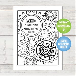 Personalized Bible Verse Coloring Sheet - Psalm 139:14 - Gears