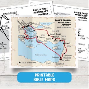 May include: A set of printable educational maps illustrating Paul's missionary journeys. The central map displays the second journey with a red path connecting cities like Antioch, Athens, and Jerusalem, labeled with text including Paul's Second Missionary Journey Acts 15:30-18:22.