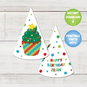 May include: Printable party hats with a Christmas tree cupcake design. One hat says "Happy Birthday Jesus" with colorful polka dots. The other hat has a cupcake with a green tree, red and green stripes, and a yellow star.