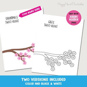 Puede incluir: Dos tarjetas imprimibles con dise&ntilde;os de ramas florales. Una tarjeta dice "Grandma's Tweet-Heart" y la otra "Gigi's Tweet-Heart". Las tarjetas est&aacute;n disponibles en versiones a color y en blanco y negro. Tambi&eacute;n se incluye el texto "Type Name Here".