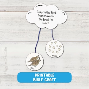 Può includere: Un lavoretto di carta con una forma di nuvola bianca contenente il testo God provided food from heaven for the Israelites. Exodus 16. Due fili blu pendono dalla nuvola, ciascuno attaccato a un ritaglio di carta circolare, uno con due quaglie marroni e l'altro con manna bianca.