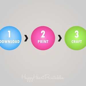 May include: A graphic with a light gray background shows a three-step process. The steps are represented by blue, pink, and green circles with the numbers 1, 2, and 3 inside. The words "DOWNLOAD", "PRINT", and "CRAFT" are written below the numbers. The text "Happy Heart Printables" is at the bottom.