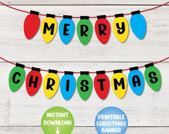 Ausdruckbares Banner mit Lichterkette - Merry Christmas