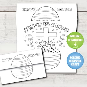 Artesanato ou cartão de surpresa para dobrar ovos de Páscoa cristãos - Jesus está vivo