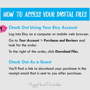 May include: A teal banner with white text reading "HOW TO ACCESS YOUR DIGITAL FILES." Below, instructions are provided on how to access digital files after purchase, including steps for Etsy account users and guests. A pink tag reads "BEST."