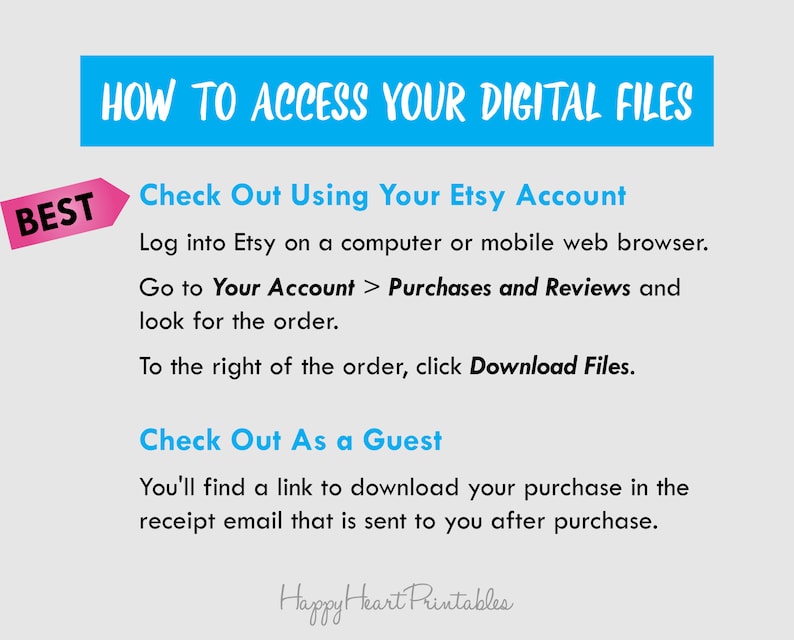 May include: A teal banner with white text reading "HOW TO ACCESS YOUR DIGITAL FILES." Below, instructions are provided on how to access digital files after purchase, including steps for Etsy account users and guests. A pink tag reads "BEST."