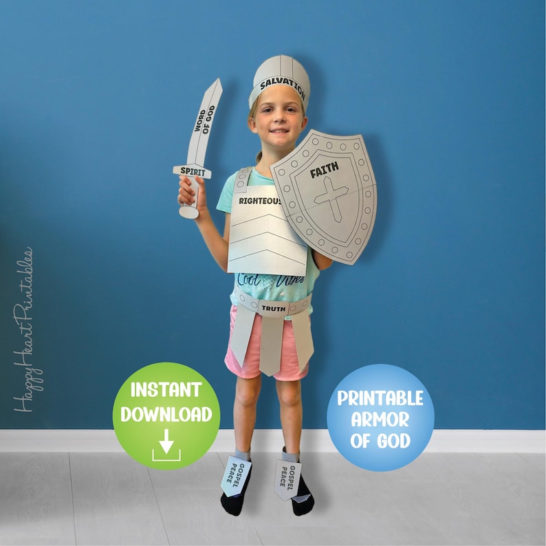 May include: A child dressed in a paper armor costume, including a helmet, chest plate, shield, and sword. The costume has text that reads "Salvation," "Faith," "Righteous," and "Word of God." The image also includes the text "Instant Download" and "Printable Armor of God."