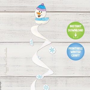 May include: A winter-themed craft featuring a snowman with a blue hat and scarf, connected to a white spiral with snowflake accents. The image includes text that reads "Instant Download" and "Printable Winter Craft".