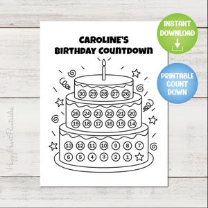 Könnte beinhalten: Schwarz-weiß druckbare Geburtstag Countdown-Chart mit einem dreistufigen Kuchen-Design. Der Kuchen hat nummerierte Kreise zum Verfolgen der Tage, mit dem Text "CAROLINE'S BIRTHDAY COUNTDOWN" oben. Enthält "SOFORT-DOWNLOAD" und "DRUCKBARE COUNT DOWN" Text.