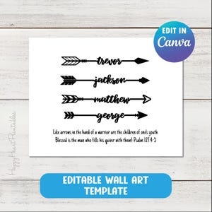 May include: White wall art template with black arrows and names: trevor, jackson, matthew, and george. Includes a quote from Psalm 127:4-5. The words "EDIT IN Canva" and "EDITABLE WALL ART TEMPLATE" are also visible.