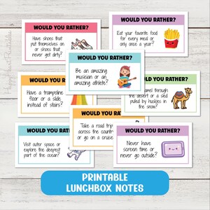 May include: A collection of rectangular Would You Rather game cards featuring colorful headers and illustrations including sneakers, french fries, a musician, a camel, a slide, an astronaut, and a tablet, with the text Printable Lunchbox Notes.