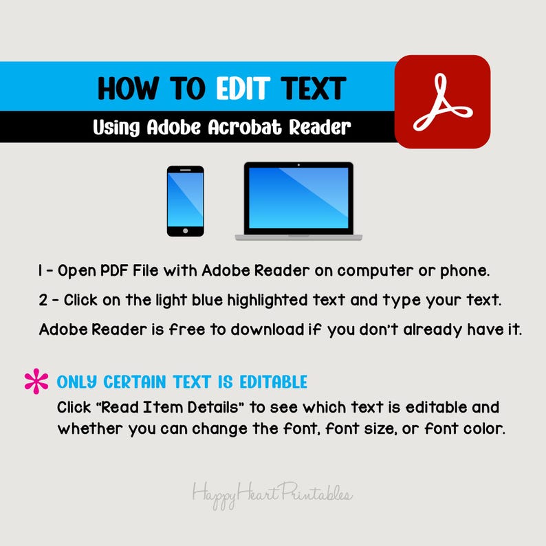 Puede incluir: Una gu&iacute;a titulada "HOW TO EDIT TEXT" usando Adobe Acrobat Reader. La imagen incluye un tel&eacute;fono inteligente, una computadora port&aacute;til y el logotipo de Adobe Acrobat. Se proporcionan instrucciones sobre c&oacute;mo editar texto en un archivo PDF.