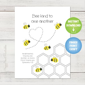 Puede incluir: Actividad de manualidades imprimible con temática de abejas con el texto "Sé amable con los demás" y un versículo bíblico de Efesios 4:32. La actividad consiste en hacer huellas dactilares de abejas en un panal y una forma de corazón.