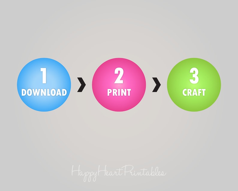 May include: A graphic with a light gray background shows a three-step process. The steps are represented by blue, pink, and green circles with the numbers 1, 2, and 3 inside. The words "DOWNLOAD", "PRINT", and "CRAFT" are written below the numbers. The text "Happy Heart Printables" is at the bottom.