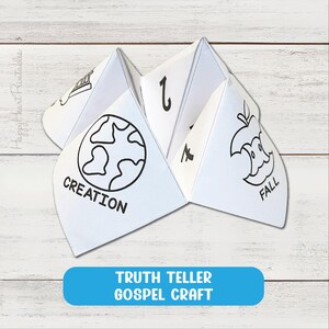 May include: A white paper fortune teller featuring black line art illustrations of a globe, an apple, and other symbols. The text "CREATION" and "FALL" are visible. The blue banner at the bottom reads "TRUTH TELLER GOSPEL CRAFT".