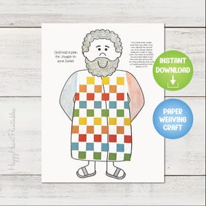May include: A printable paper weaving craft featuring a cartoon illustration of a man with a beard and a colorful checkered robe. The image includes text that reads "God had a plan for Joseph to save Israel."