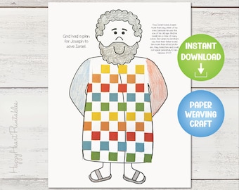 May include: A printable paper weaving craft featuring a cartoon illustration of a man with a beard and a colorful checkered robe. The image includes text that reads "God had a plan for Joseph to save Israel."