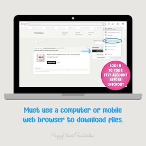 Może przedstawiać: Ekran laptopa wyświetlający potwierdzenie zakupu Etsy dla rękodzieła z odciskami dłoni na Dzień Matki. Ekran pokazuje opcję menu "Zakupy i recenzje". Tekst na ekranie brzmi "ZALOGUJ SIĘ NA SWOJE KONTO ETSY PRZED ZAKUPEM".