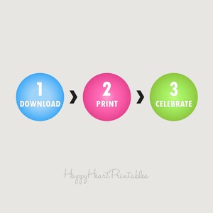K&ouml;nnte beinhalten: Infografik mit drei Schritten: Herunterladen, Drucken und Feiern. Jeder Schritt wird durch einen farbigen Kreis dargestellt: blau, pink und gr&uuml;n, mit Pfeilen, die die Reihenfolge anzeigen. Der Text "Happy Heart Printables" steht unten.