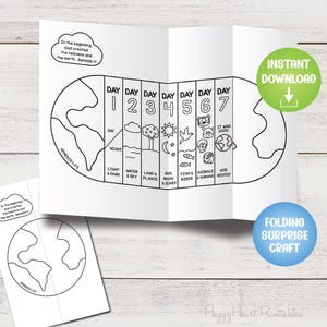 May include: A white, folded paper craft with a black and white illustration depicting the creation of the world. The text includes "In the beginning, God created the heavens and the earth. Genesis 1-2-3." and "Instant Download."