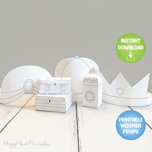 May include: Printable paper props for a nativity scene. The set includes a crown, a hat, a chest, and a box. The props are black and white and ready to be coloured.