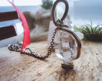 Diamond Quartz Necklace, Minimalist Silver wrap Pendant, double teminated quartz pendant, Necklace Stone Jewelry Mineral Necklace