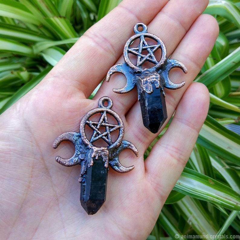 Electroformed jewelry Goth Victorian Gothic Witchy Pentagram Crescent Moon Phases Black Quartz Pendant Wicca Raw Crystal Samhain