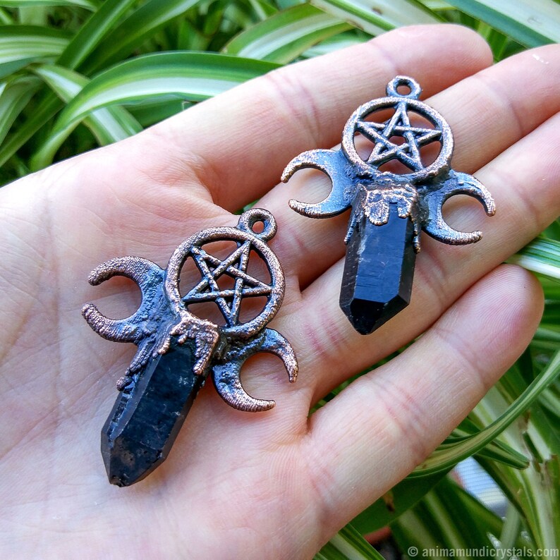 Electroformed jewelry Goth Victorian Gothic Witchy Pentagram Crescent Moon Phases Black Quartz Pendant Wicca Raw Crystal Samhain