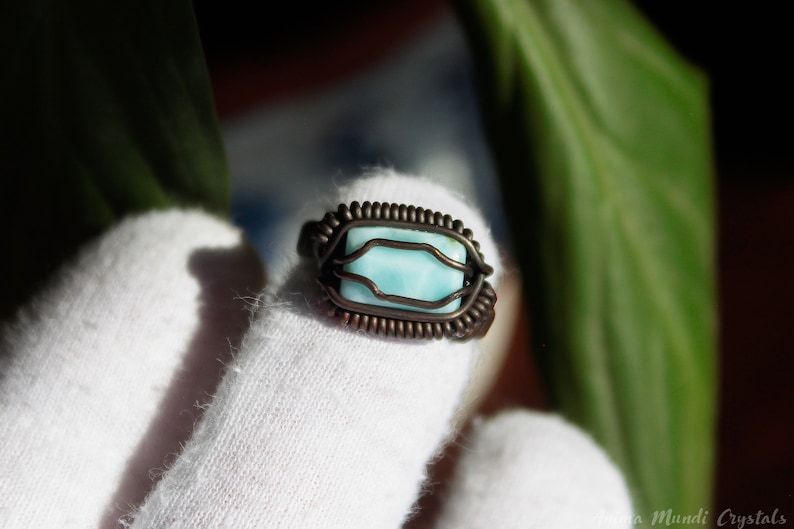 Larimar ring size 7us braided wire ring Wire wrapped larimar ring Copper wire ring Heady ring blue stone ring Raw crystal ring