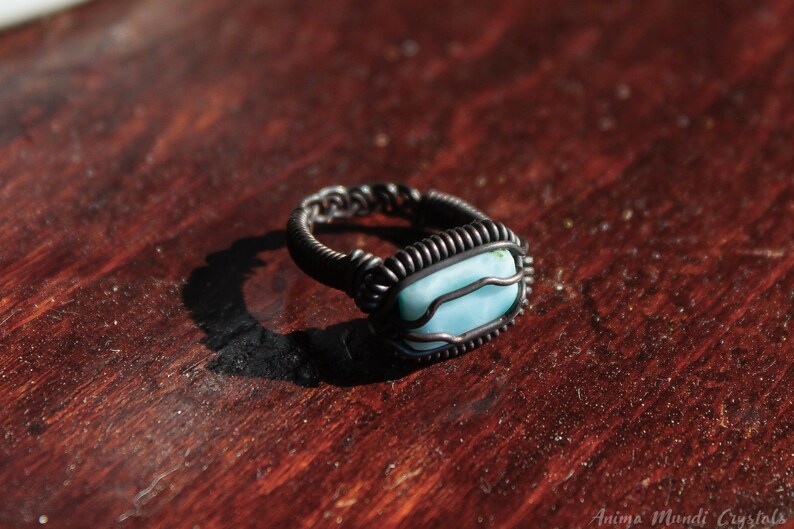 Larimar ring size 7us braided wire ring Wire wrapped larimar ring Copper wire ring Heady ring blue stone ring Raw crystal ring